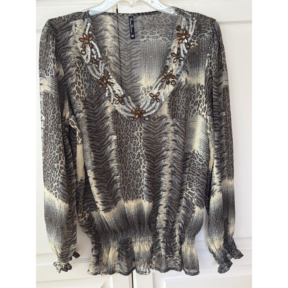 Rena Renee Grey‎ Animal Print Beaded V-Neck Smocked Blouse TG252  Medium